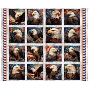 May include: A fabric panel featuring a grid of sixteen squares, each showcasing a detailed illustration of a bald eagle. The eagles are depicted with their wings spread, perched, or in profile, set against a backdrop of the American flag.