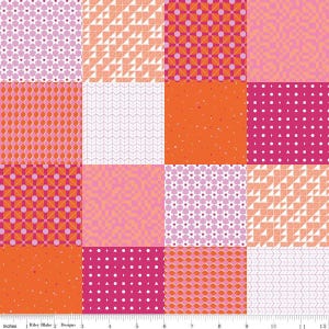 May include: A patchwork of fabric squares in shades of pink, orange, and white. Each square features a unique geometric or floral pattern. The image includes a ruler with inch measurements along the bottom.