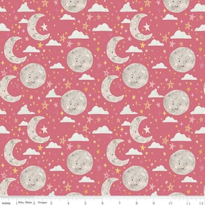 SALE FLANNEL Baby Girl Moon and Stars F11442 Dark Pink - Riley Blake Designs - Juvenile Moons Stars Clouds - FLANNEL Cotton Fabric
