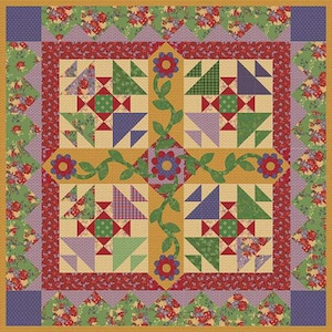 May include: A colorful patchwork quilt with a floral and geometric design. The quilt features squares with triangles, flowers, and vines in shades of red, green, blue, and yellow. The border has a floral pattern.