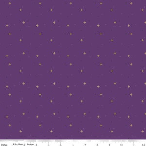 May include: Purple fabric with a repeating pattern of small gold plus signs.