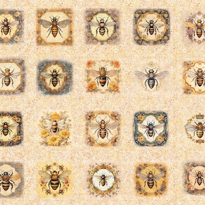 May include: A digital collage featuring 20 vintage-style illustrations of bees in ornate frames. The bees are depicted in various poses, with some flying and others perched on flowers. The background is a light beige with a subtle texture.