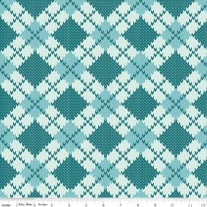May include: A teal and light blue knitted fabric with a diamond pattern. The fabric is seamless and repeats.