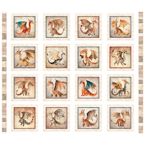 May include: A fabric panel featuring sixteen square illustrations of dragons in various poses. The dragons are depicted in shades of red, orange, brown, and blue, with detailed wings and scales. Each illustration is framed with a decorative border.