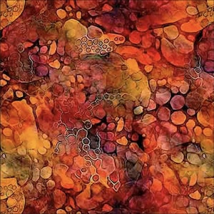 May include: Abstract artwork with a vibrant mix of colors. The design features a blend of orange, red, yellow, and purple hues, creating a textured, organic pattern. The artwork has a mottled appearance with various shapes and forms.