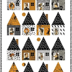 May include: A digital collage featuring 12 black and white houses with orange accents. Each house has a different illustration inside the window. The illustrations include a witch, a cat, a ghost, and a skeleton. The text "Web Spool Cotton", "OKSILK. B", and "OLD MADE" is visible on the houses.