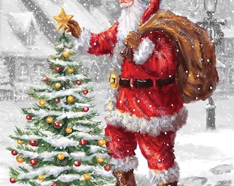 May include: Santa Claus in a red suit with a white beard and a sack over his shoulder is placing a star on top of a snow-covered Christmas tree. The scene is set in a snowy winter wonderland with houses in the background.