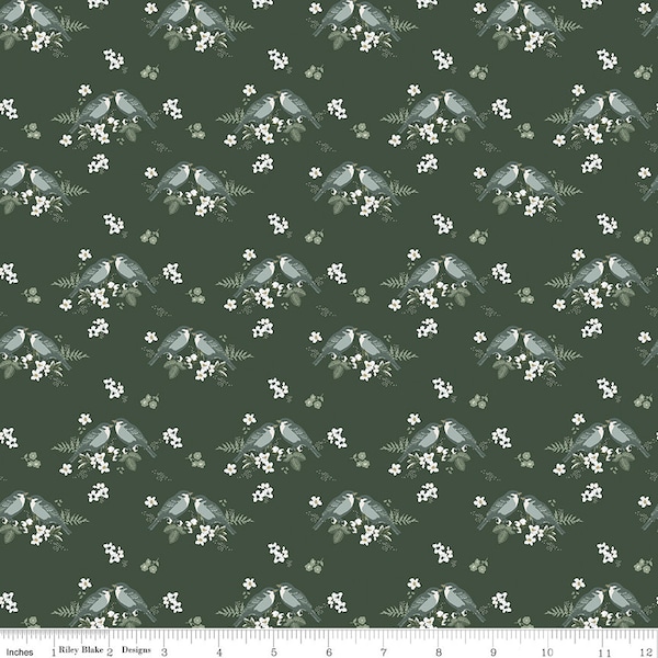 Gingham Fields Birds C13351 Forest - Riley Blake Designs - Bird Pairs on Flowers - Quilting Cotton Fabric