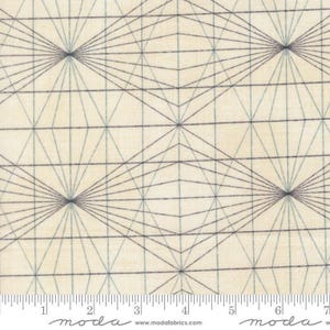 May include: A cream-colored fabric featuring a repeating geometric pattern of dark gray and light blue lines that radiate from central points to form diamond shapes. A white ruler is visible at the bottom, showing a scale in inches.