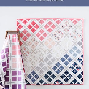 May include: A quilt pattern called "Skylight" by Cotton and Joy Patterns. The pattern is a confident beginner quilt pattern and is precut friendly. The image shows two quilts, one in shades of pink and purple and the other in shades of pink, blue, and white.