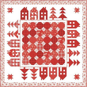 May include: A red and white quilt with a patchwork design featuring houses, trees, and stars. The quilt is made up of squares and rectangles with different patterns.