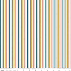May include: A colorful fabric with vertical stripes in shades of pink, blue, yellow, and green. The fabric is perfect for quilting, sewing, and crafting projects.