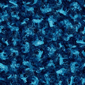 May include: A dark blue fabric with a repeating pattern of various animals in shades of light blue. The animals include moose, bears, deer, and birds. The background has a mottled, textured appearance.