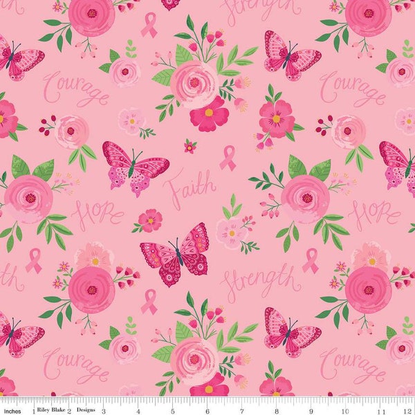 Strength in Pink Main C12620 Pink by Riley Blake Designs - Flowers Butterflies Breast Cancer Ribbons Text - Quilting Cotton Fabric