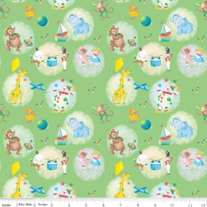 CLEARANCE The Little Engine That Could Toys C9991 Green - Riley Blake Designs - Dolls Planes Drums Animals  - Quilting Cotton Fabric