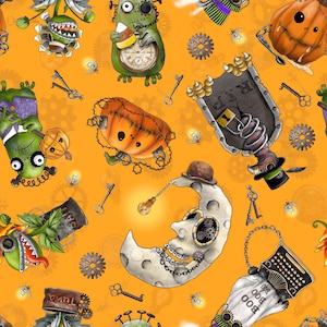 May include: A seamless pattern featuring a variety of Halloween-themed illustrations on a bright orange background. The illustrations include pumpkins, a spooky moon, a monster, a tombstone, and a typewriter. The illustrations are all in a steampunk style, with gears, keys, and other mechanical elements.