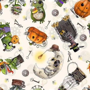May include: A seamless pattern featuring a variety of Halloween-themed illustrations, including pumpkins, a spooky moon, a monster, a plant with a toothy mouth, and a typewriter with the words "Boo Boo" on it. The illustrations are in a whimsical, steampunk style, with gears, keys, and other mechanical elements.