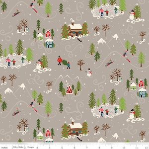 Winter Wonder Winter Scene C12061 Gray - Riley Blake Designs - Christmas Cabins Trees Snowmen Skating - Quilting Cotton Fabric