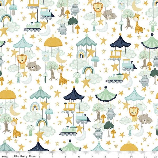 It's a Boy Mobiles C13251 White by Riley Blake Designs - Animals Trains Stars Clouds Trees Baby - Quilting Cotton Fabric