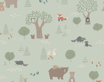 9" End of Bolt - Elmer & Eloise Main C14240 Tea Green - Riley Blake - Bears Rabbits Foxes Owls Racoons Squirrels Trees - Quilting Cotton