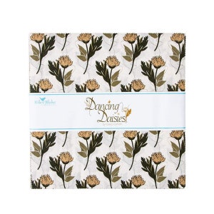 May include: A stack of fabric squares with a floral pattern. The design features tan flowers, dark green leaves, and stems on a white background. The words "Dancing Daisies" are printed on a white band.