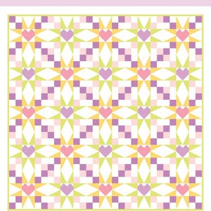 May include: A quilt pattern by Liza Taylor, featuring a repeating pattern of hearts, stars, and squares in shades of pink, purple, yellow, and green. The pattern is suitable for crib, throw, and full-size quilts. The image includes the text "KINLEY QUILT PATTERN".
