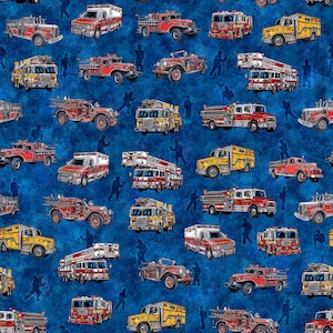 May include: A blue background with a repeating pattern of red and yellow fire trucks. The trucks are of various sizes and styles, including ladder trucks, pumper trucks, and antique fire trucks. Some trucks have ladders extended, while others have hoses attached. The trucks are all facing forward, and some have silhouettes of firefighters standing in front of them.