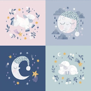 May include: A fabric panel featuring four square illustrations with a celestial theme. Each square depicts a different scene: a sheep, a crescent moon, and a sleeping moon, all adorned with stars, floral elements, and a nightcap. The color palette includes soft blues, pinks, and yellows.