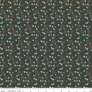 May include: Dark green fabric with a repeating floral pattern. The design features small white, pink, and orange flowers with green leaves. The fabric is marked with inches along the bottom.
