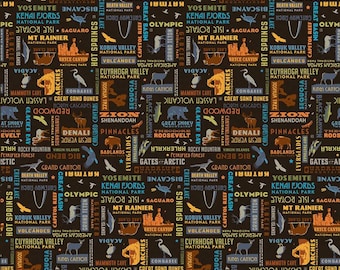 SALE National Parks Word Print Black - Riley Blake Designs - Outdoors Names Places Wildlife - Quilting Cotton Fabric