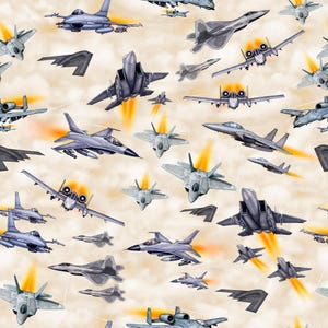 May include: A seamless pattern featuring various types of military aircraft, including fighter jets, bombers, and stealth aircraft. The aircraft are depicted in shades of gray and white against a light beige background.