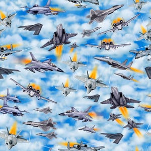 May include: A blue sky with white clouds and a variety of military aircraft flying in formation. The aircraft are all different types, including fighter jets, bombers, and transport planes. The image is a digital illustration.