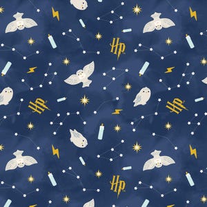 May include: Dark blue fabric with a repeating pattern of white owls, constellations, candles, lightning bolts, and the letters "HP" in gold. The design has a watercolor effect, creating a whimsical and magical theme.