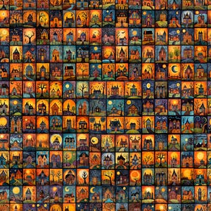 May include: A colorful illustration of a grid of 100 small houses, each with a unique design and color scheme. The houses are set against a dark background and feature various details like windows, doors, chimneys, and roofs.