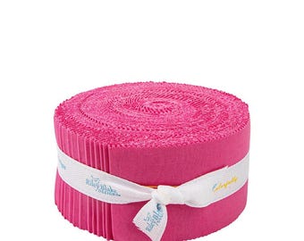 May include: A roll of bright pink fabric strips, tightly wound and secured with a white ribbon. The ribbon features the text "Riley Blake Designs" and "Colorfully". The fabric appears to be cotton, ideal for quilting and crafting projects.