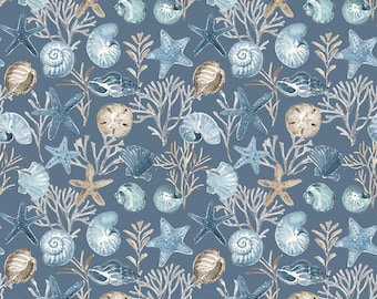 SALE Blue Escape Coastal Ocean Floor C14511 Colonial by Riley Blake Designs - Sea Stars Seashells Ocean Flora - Quilting Cotton Fabric