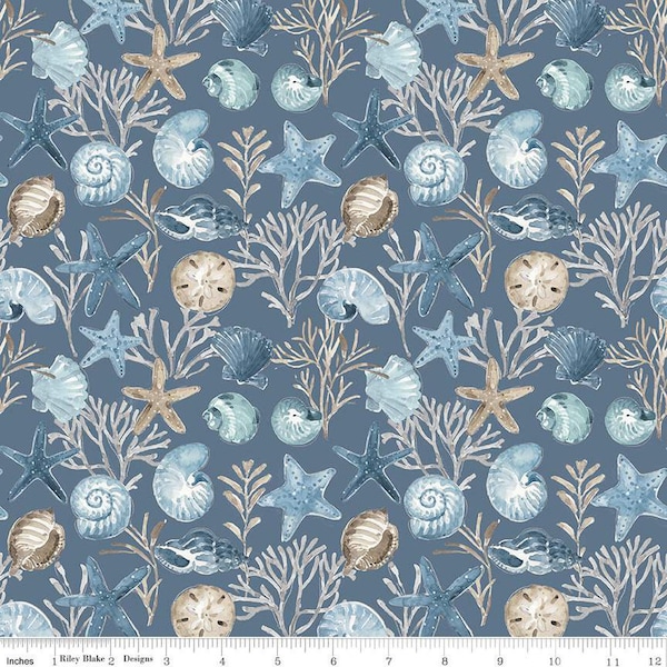 SALE Blue Escape Coastal Ocean Floor C14511 Colonial by Riley Blake Designs - Sea Stars Seashells Ocean Flora - Quilting Cotton Fabric