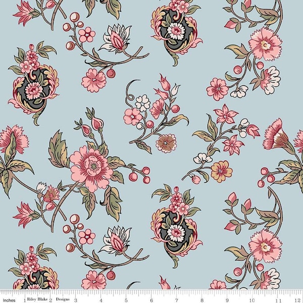 SALE Jane Austen at Home C10006 Cassandra - Riley Blake Designs - Blue Pink Historical Reproductions Flowers Floral - Quilting Cotton Fabric