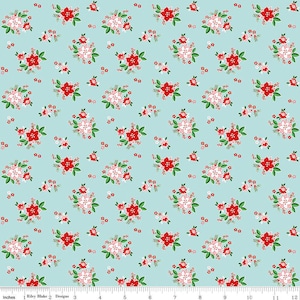 May include: A seamless fabric pattern featuring a repeating design of red and white flowers with green leaves on a light blue background.