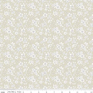 May include: A beige fabric with a white floral pattern. The fabric is covered in small white flowers with a light blue center.