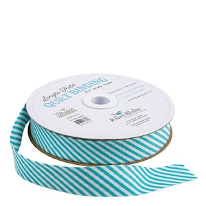 May include: A spool of single-fold quilt binding tape. The tape is teal and white striped, with the text "Single Fold Quilt Binding" printed on the spool. The tape is 0.635 cm wide and made of 100% cotton.