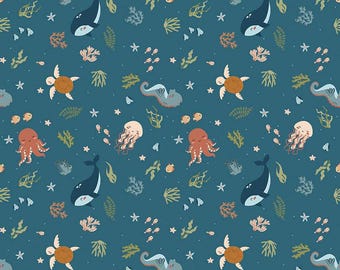 SALE Created with Love In the Sea C15971 Ocean - Riley Blake Designs - Ocean Animals Plant Octopus Seahorse - Quilting Cotton Fabric
