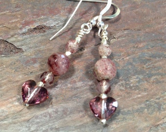 Swarovski heart earrings, Strawberry Quartz earrings, Valentine earrings, heart earrings, Hill Tribe silver earrings, quartz earrings