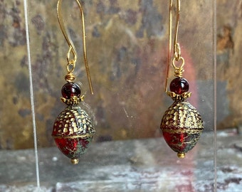 Acorn earrings, Garnet earrings, fall earrings, nature lover earrings, dangle earrings, forest earrings, boho earrings, Christmas earrings