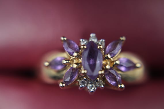 10k Vintage Gold Amethyst and Diamond Chip Cluster