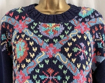 Vintage Chunky Knit Floral Abstract Diamonds Cotton Blend Sweater 40Bust