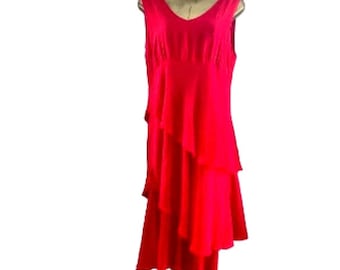 Vintage 90s Y2K 100% Silk Red Diagonal Tiered Midi Dress