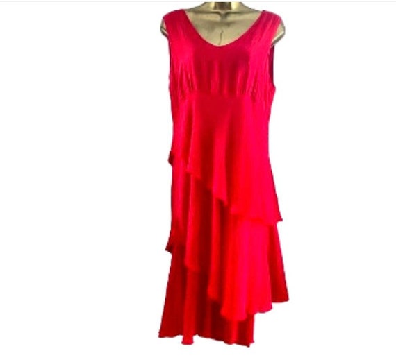 Vintage 90s Y2K 100% Silk Red Diagonal Tiered Mid… - image 1