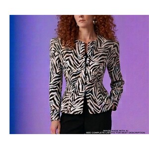 Puede incluir: Chaqueta con estampado de cebra en blanco y negro con mangas largas. La chaqueta tiene cuello redondo y cierre de un solo bot&oacute;n. La modelo lleva pantalones negros. El fondo es un degradado de morado y azul.