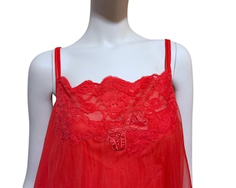 Vintage Van Raalte Nightie L Embroidered Red Bow Strappy Romantic Feminine